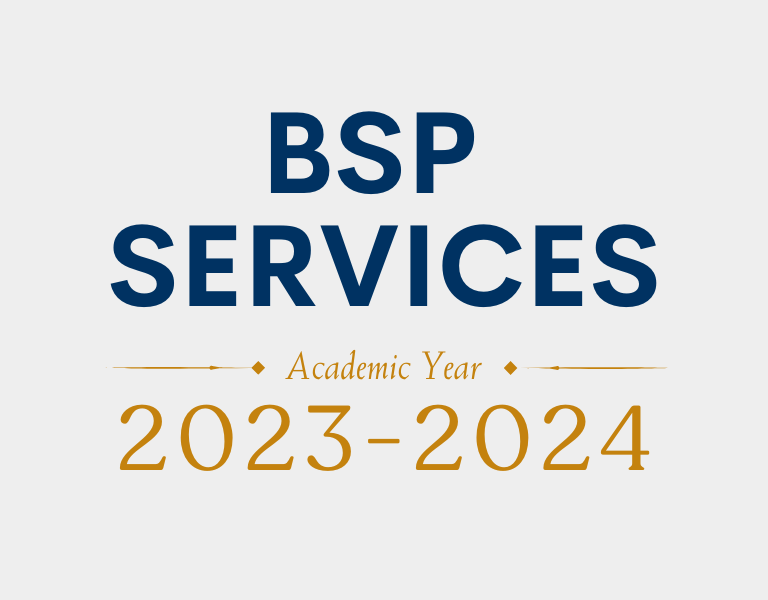 Blue and gold text on beige background. Blue text: "BSP Services". Gold text underneath: "Academic Year 2023-2024".