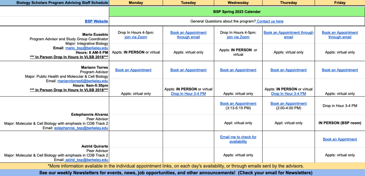 screenshot of a Google spreadsheet that contains the BSP Advising Calendar