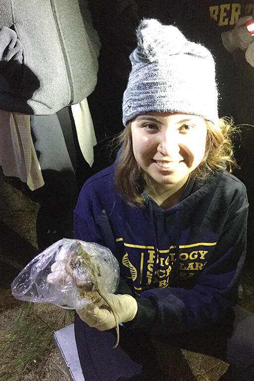 Student wearing a BSP sweatshirt and holding a mouse by it's scruff.