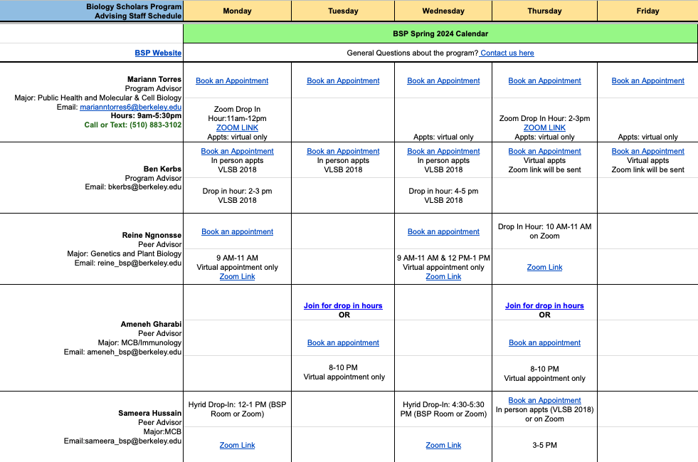Screenshot of the Spring 2024 BSP Advising Calendar spreadsheet, with advisor names and appointment times.