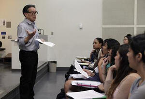 John Matsui, speaking to students in a lecture hall